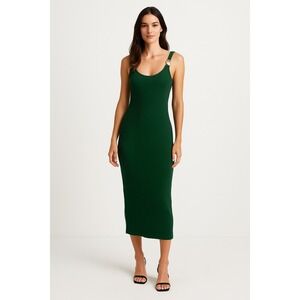 New Age Rebel Green Ribbed Knit Midi Dress Gold Buckle Straps Bodycon Sleeveless